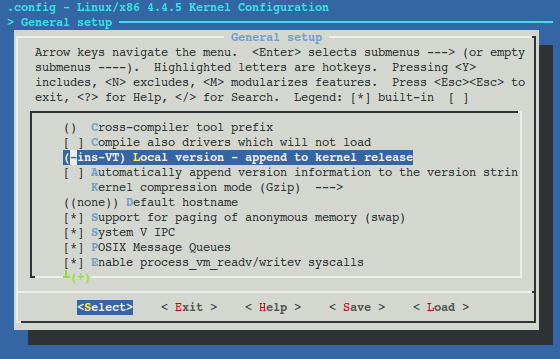 Kernel Configuration Screenshot for Local Version