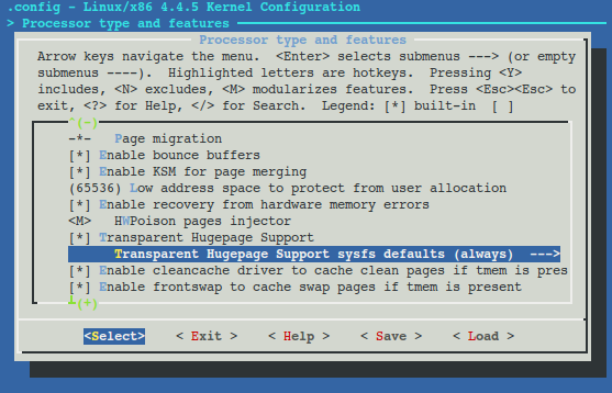Kernel Configuration Screenshot for Transparent Huge Page Support
