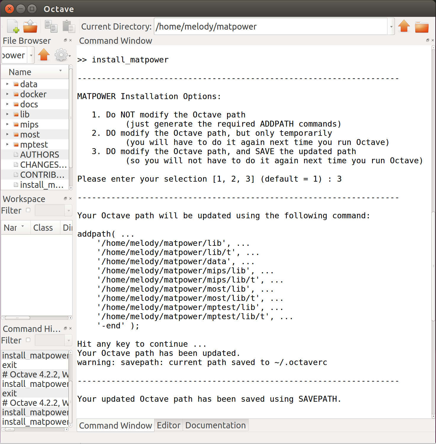 Screenshot of Matpower Installation using Octave