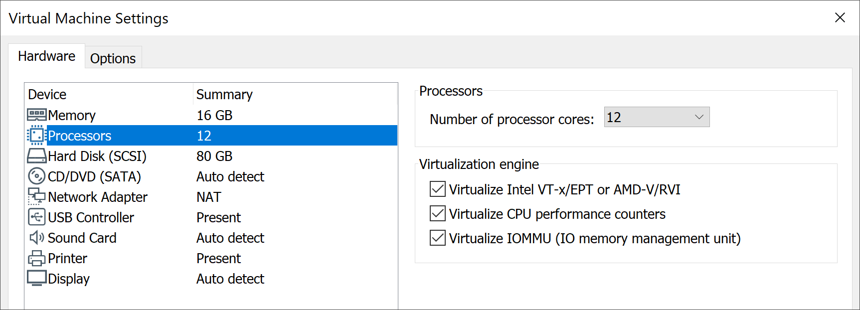 VMware Virtual Machine Settings Screenshot